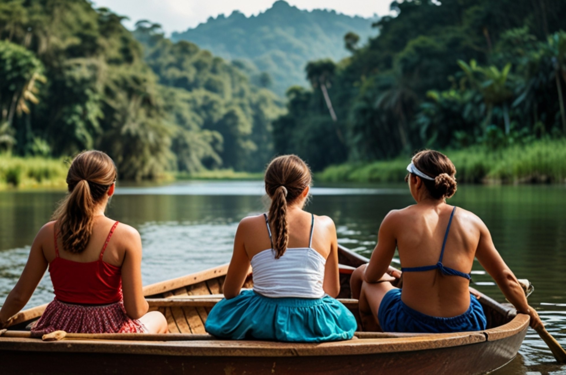 Travel like Local Blogbild zeigt drei Freundinnen die im Amazon entlag fahren und dabei Fremdsprachen lernen.