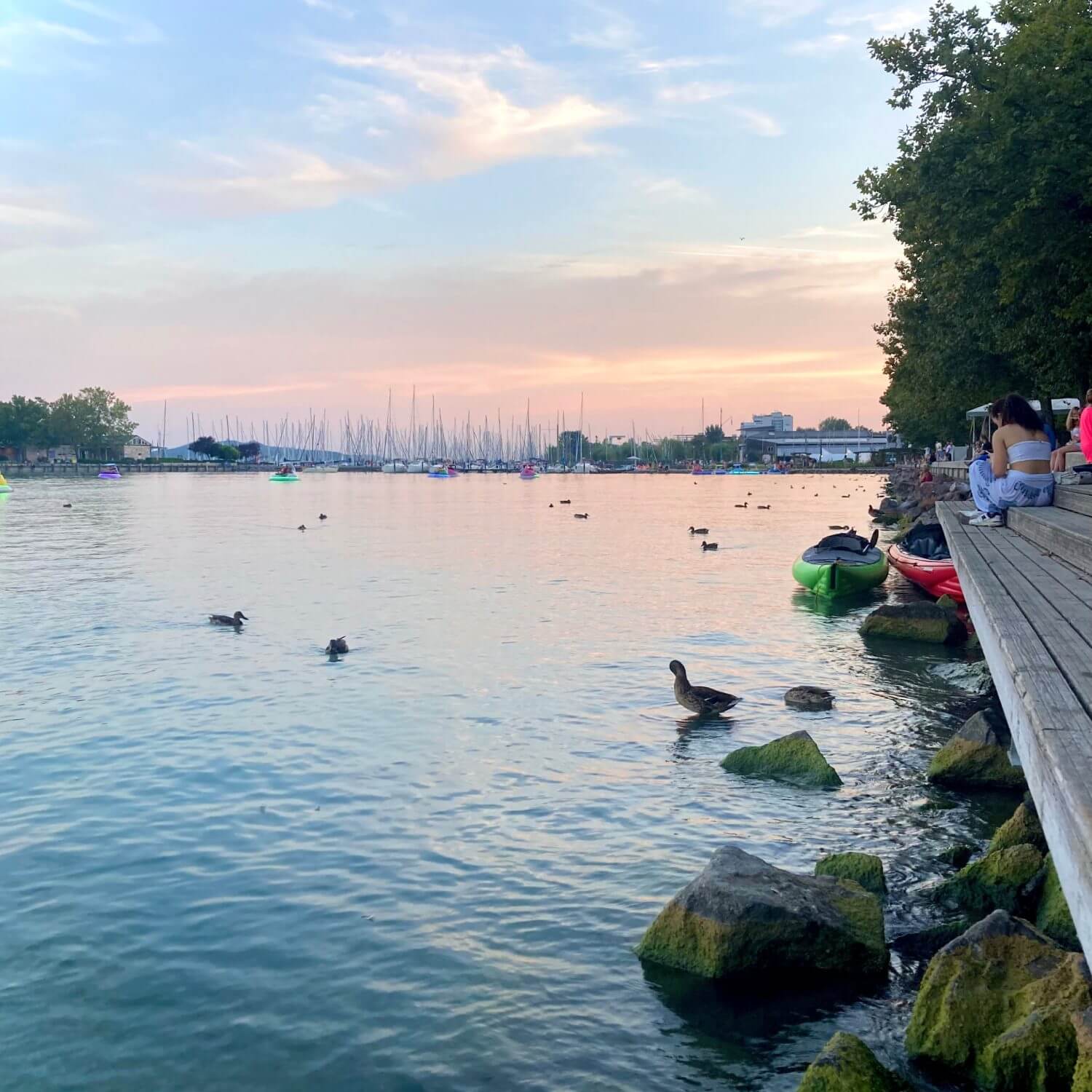 The image captures a serene and picturesque evening at Balatonfüred, a charming town by Lake Balaton. The calm waters reflect the soft pastel hues of the sunset, creating a tranquil and captivating scene. Ducks float peacefully on the lake, adding to the relaxed atmosphere. People sit along a wooden dock, enjoying the view and soaking in the calm ambiance. Colorful kayaks are lined up along the shore, suggesting fun daytime activities. In the background, a marina filled with sailboats provides a scenic silhouette against the evening sky, highlighting Balatonfüred's nautical charm. The overall setting is perfect for a relaxing and picturesque moment by the lake.