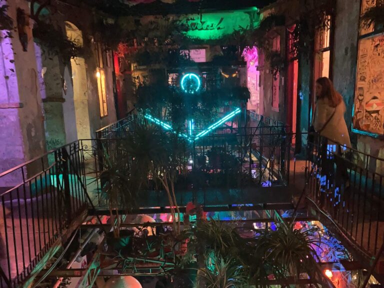 Szimpla Kert bei Nacht. Man ist auf einer Galerie im ersten Stock und sieht hinunter auf Pflanzen, eine Diskokugel und viele bunte Lichter beleuchte das gesamte Gebäude.