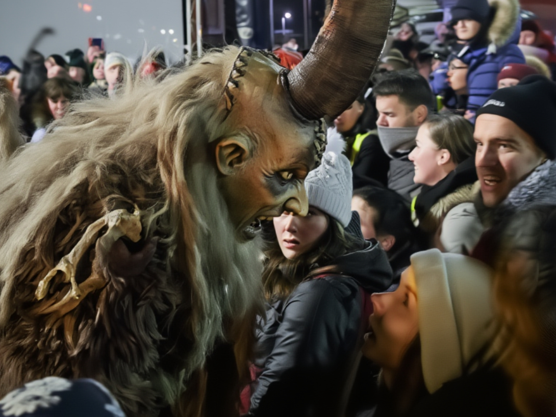 Auf dem Bild interagiert ein Krampus mit langen, geschwungenen Hörnern und hellem Fell mit dem Publikum. Trotz des schaurigen Aussehens zeigt sich hier die traditionelle Mischung aus Erschrecken, Humor und regionalem Brauchtum, die Veranstaltungen, wie Krampuslauf und Perchtenlauf so beliebt machen.