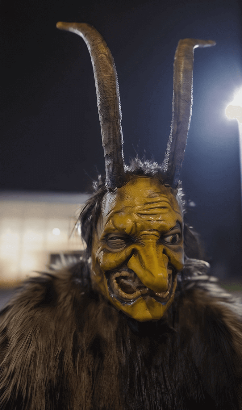 Auf dem Bild steht ein Krampus mit gelblich verzerrter Maske, tiefen Falten und zwei langen, gebogenen Hörnern im Fokus. Die detaillierte Schnitzarbeit und das dunkle Fell verleihen ihm ein besonders furchteinflößendes Erscheinungsbild – typisch für die handgefertigten Masken, die bei einem Krampuslauf getragen werden. Insgesamt vermittelt das Bild die faszinierende und zugleich düstere Stimmung, von Krampus- und Perchtenlauf in Österreich.